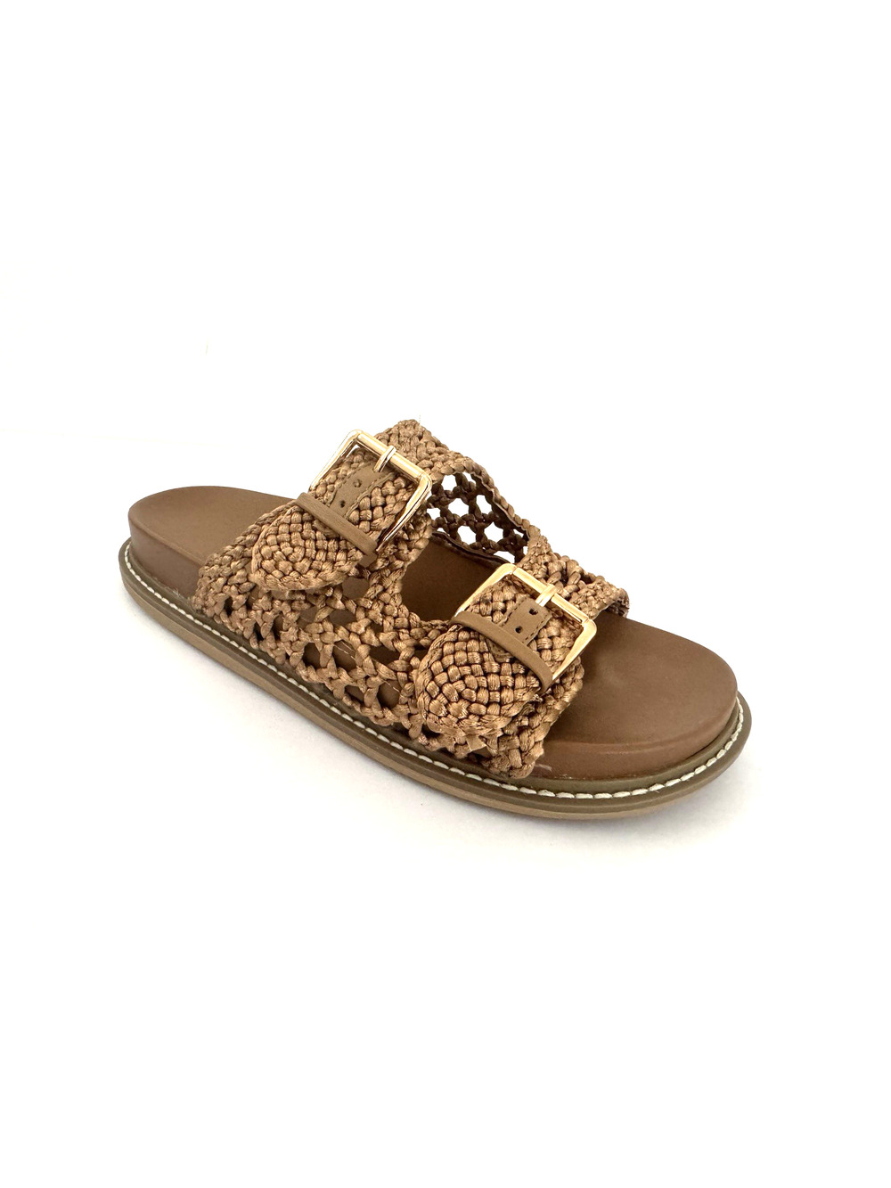 Joie Weaver Slide Sandals 7.5M Gold Crochet Anatomical Support Buckle Slip-On